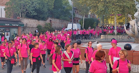 Un groupe de marcheurs et marcheuses vêtus de t-shirts roses se promènent dans Gaillac