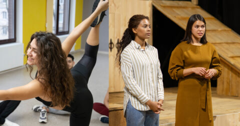 une danseuse et un groupe d'ados qui font du théâtre