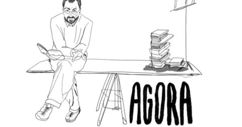 un dessin d'un homme assis sur une table où sont entreposés des livres sur une pile