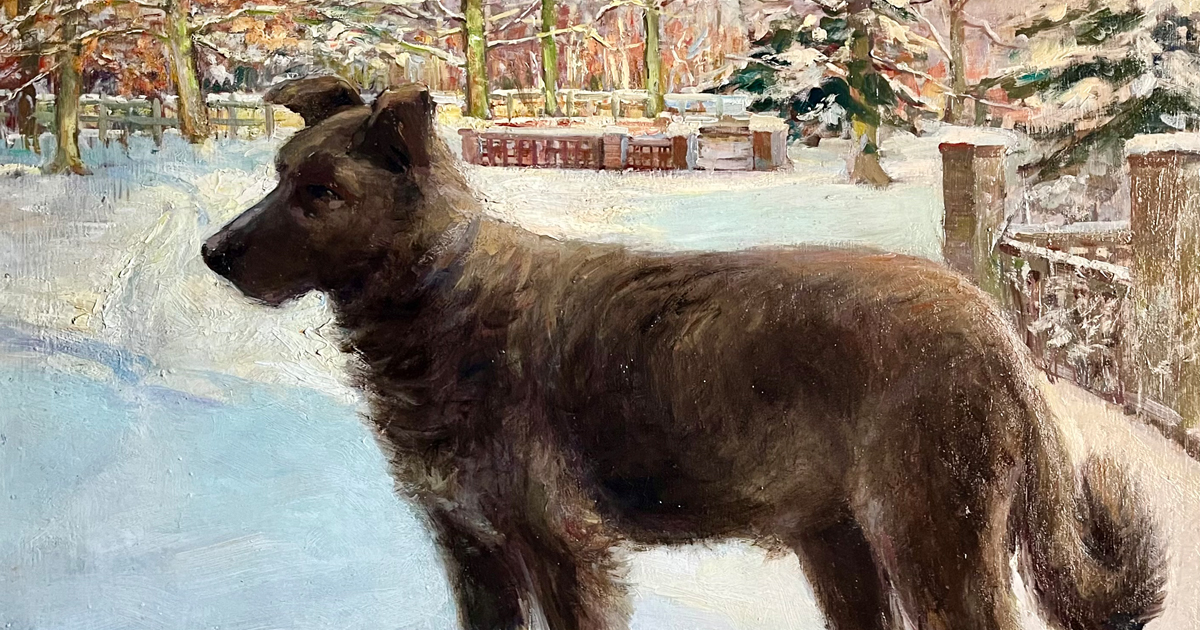 tableau à l'huile d'un chien dans la neige