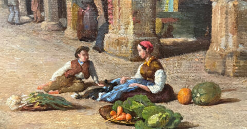 tableau à l'huile du marché place du griffoul avec des enfants au sol